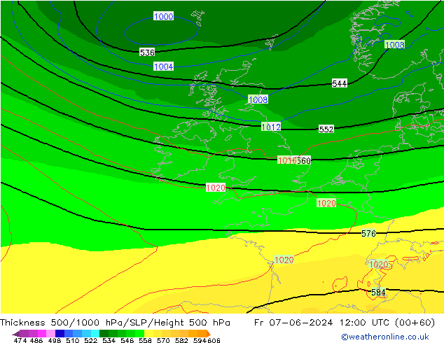 Thck 500-1000гПа ECMWF пт 07.06.2024 12 UTC