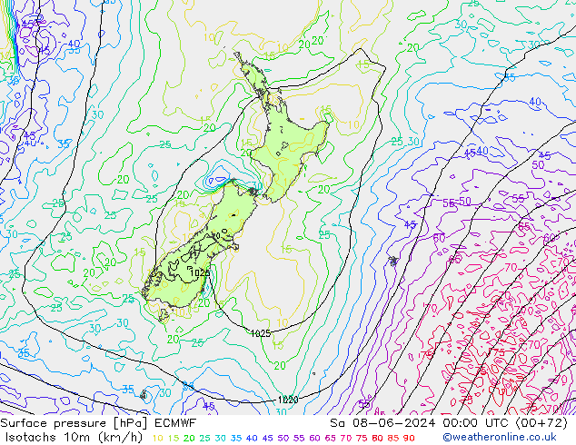 Isotaca (kph) ECMWF sáb 08.06.2024 00 UTC