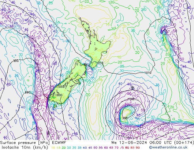 Isotachs (kph) ECMWF We 12.06.2024 06 UTC