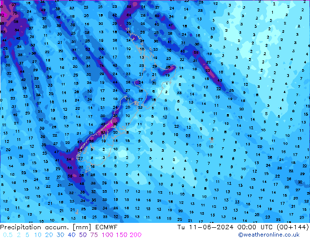 Precipitation accum. ECMWF Út 11.06.2024 00 UTC