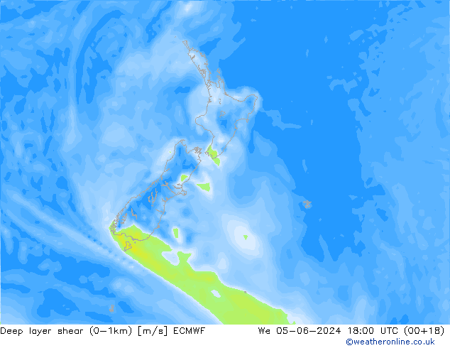 Deep layer shear (0-1km) ECMWF Mi 05.06.2024 18 UTC