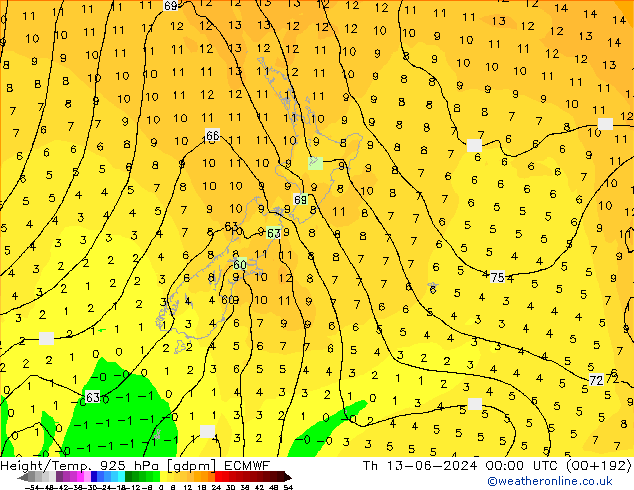 Height/Temp. 925 гПа ECMWF чт 13.06.2024 00 UTC