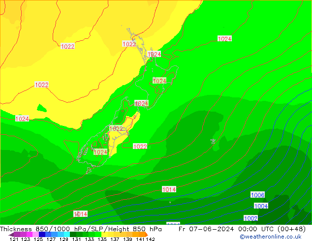 Dikte 850-1000 hPa ECMWF vr 07.06.2024 00 UTC