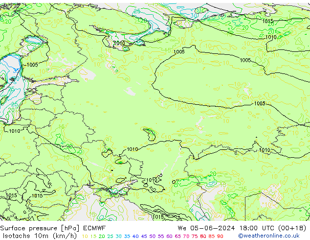 Izotacha (km/godz) ECMWF śro. 05.06.2024 18 UTC