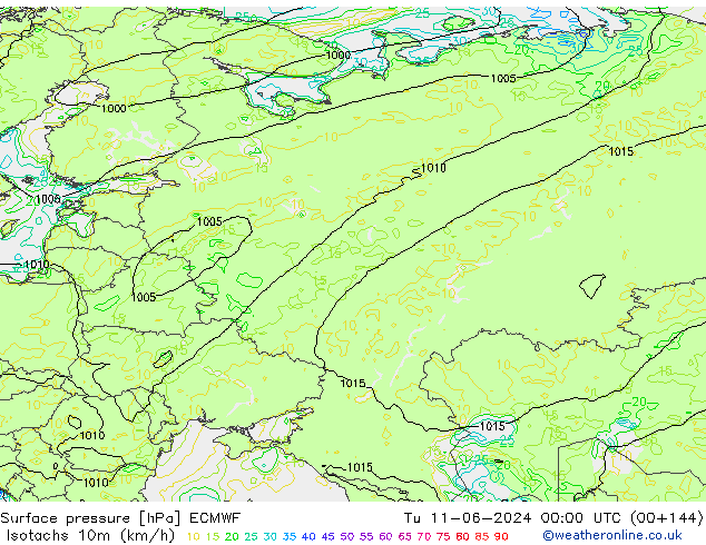 Isotachs (kph) ECMWF Út 11.06.2024 00 UTC