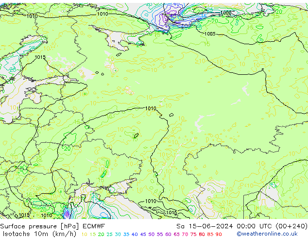 Isotachs (kph) ECMWF  15.06.2024 00 UTC