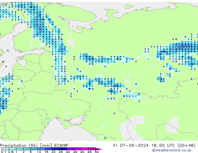 осадки (6h) ECMWF пт 07.06.2024 00 UTC