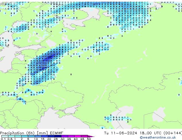 Precipitation (6h) ECMWF Tu 11.06.2024 00 UTC