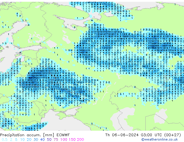 Precipitation accum. ECMWF Čt 06.06.2024 03 UTC