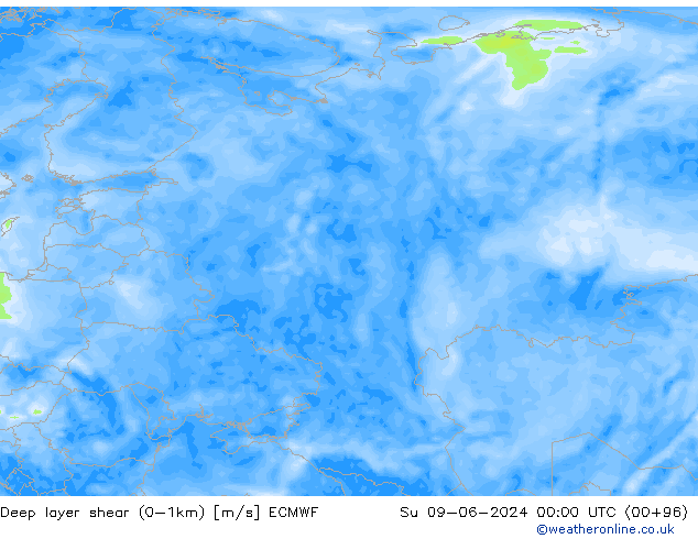 Deep layer shear (0-1km) ECMWF dom 09.06.2024 00 UTC