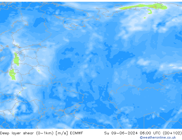 Deep layer shear (0-1km) ECMWF Paz 09.06.2024 06 UTC