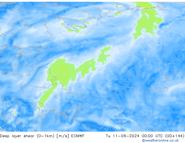 Deep layer shear (0-1km) ECMWF Tu 11.06.2024 00 UTC