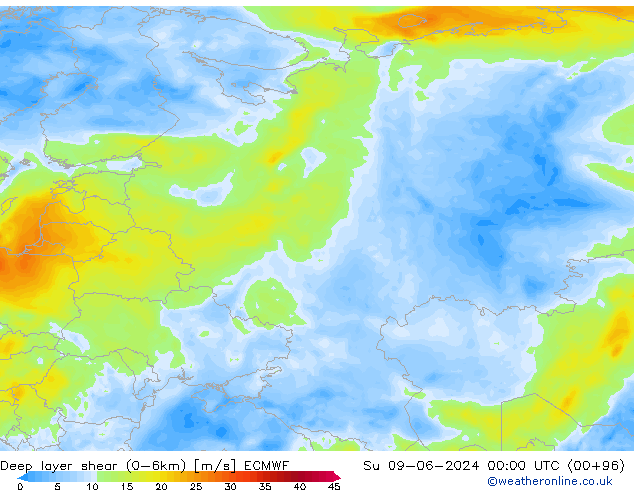 Deep layer shear (0-6km) ECMWF Вс 09.06.2024 00 UTC