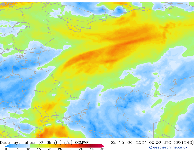 Deep layer shear (0-6km) ECMWF Sa 15.06.2024 00 UTC