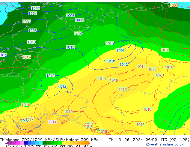 Schichtdicke 700-1000 hPa ECMWF Do 13.06.2024 06 UTC