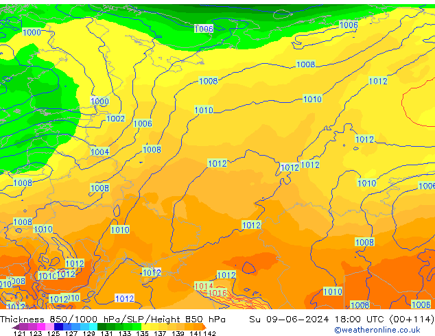 Thck 850-1000 гПа ECMWF Вс 09.06.2024 18 UTC