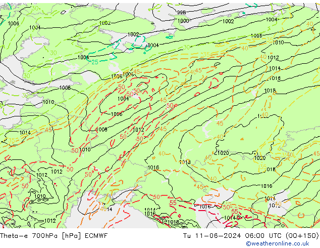 Theta-e 700hPa ECMWF di 11.06.2024 06 UTC