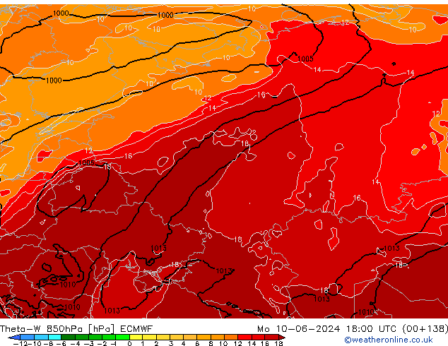 Theta-W 850hPa ECMWF ma 10.06.2024 18 UTC