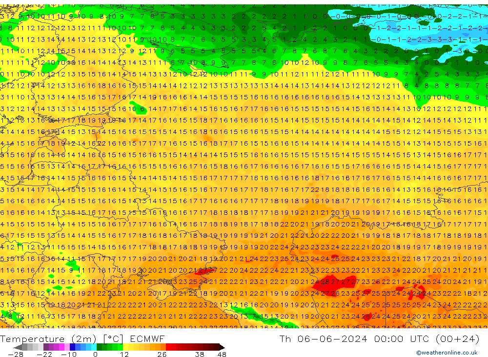 Temperature (2m) ECMWF Th 06.06.2024 00 UTC