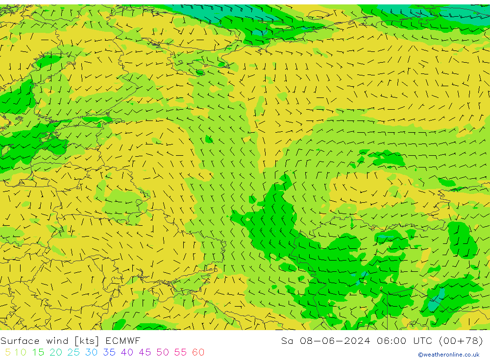 ветер 10 m ECMWF сб 08.06.2024 06 UTC