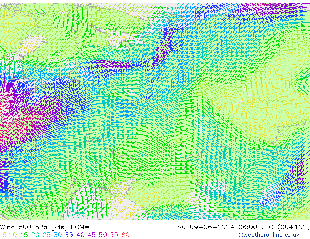 Wind 500 hPa ECMWF Su 09.06.2024 06 UTC