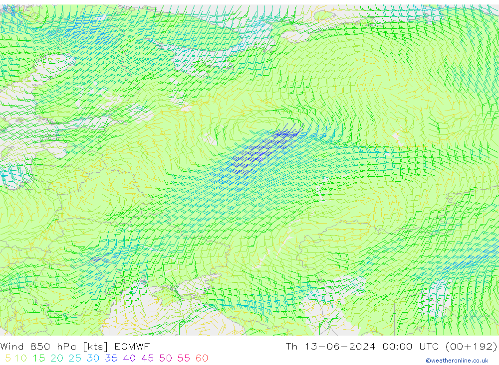 Wind 850 hPa ECMWF Čt 13.06.2024 00 UTC