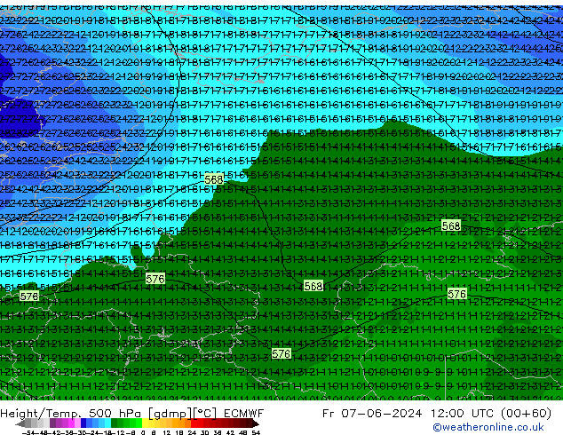 Z500/Rain (+SLP)/Z850 ECMWF Fr 07.06.2024 12 UTC