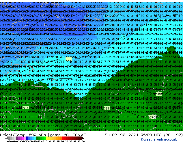 Z500/Rain (+SLP)/Z850 ECMWF Вс 09.06.2024 06 UTC