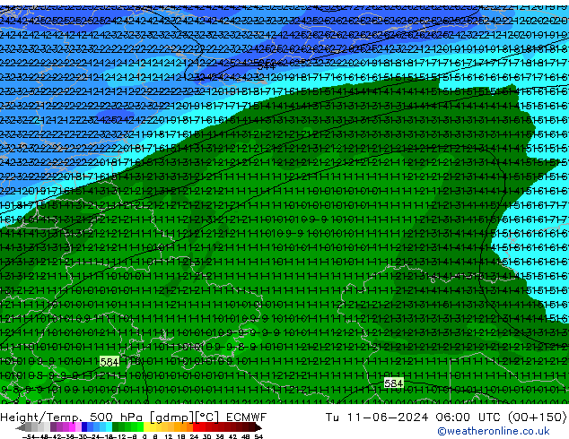 Z500/Rain (+SLP)/Z850 ECMWF Út 11.06.2024 06 UTC