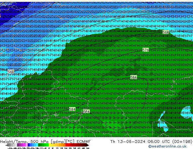 Z500/Rain (+SLP)/Z850 ECMWF Th 13.06.2024 06 UTC