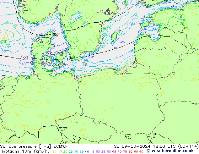 Isotachs (kph) ECMWF Вс 09.06.2024 18 UTC