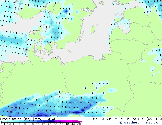 Precipitation (6h) ECMWF Po 10.06.2024 00 UTC