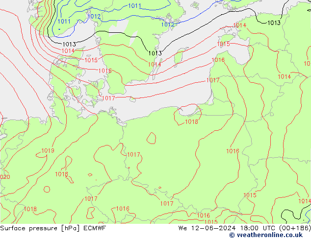 Presión superficial ECMWF mié 12.06.2024 18 UTC