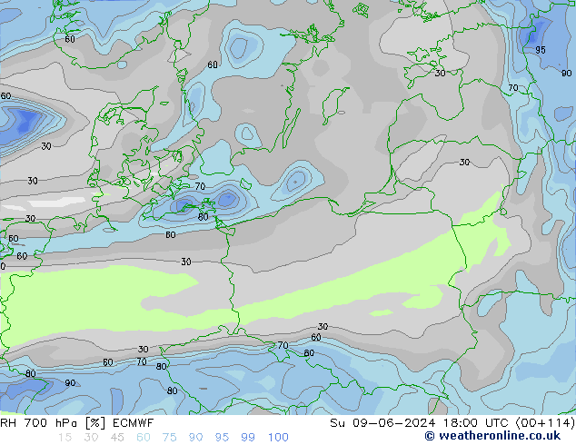 RH 700 гПа ECMWF Вс 09.06.2024 18 UTC