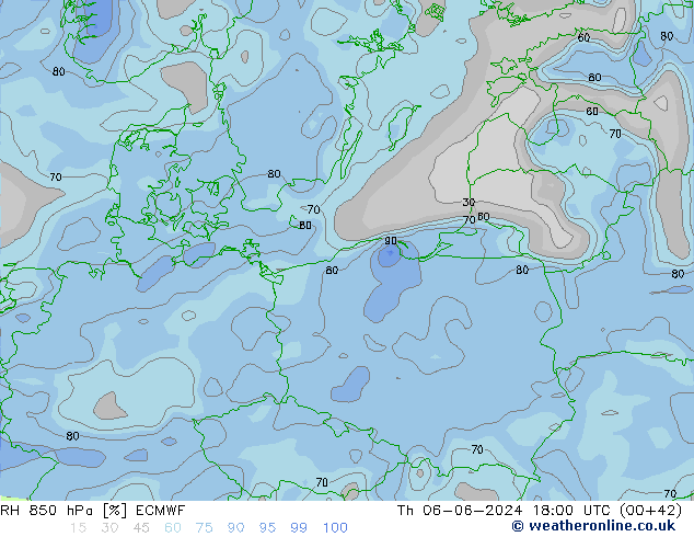 RH 850 hPa ECMWF czw. 06.06.2024 18 UTC