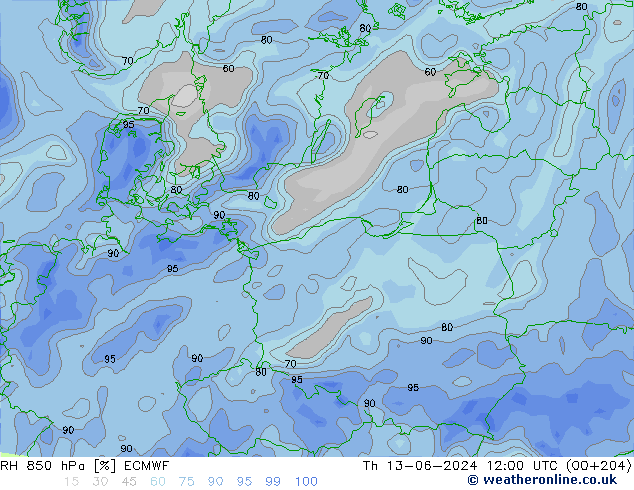 Humedad rel. 850hPa ECMWF jue 13.06.2024 12 UTC