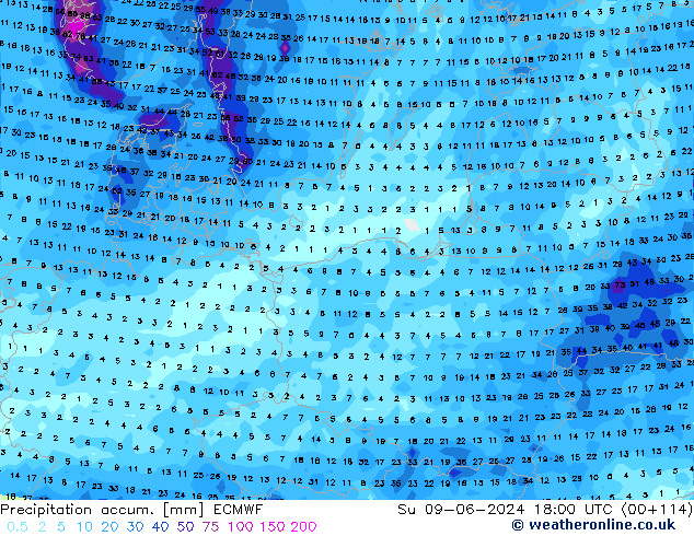 Precipitation accum. ECMWF Su 09.06.2024 18 UTC