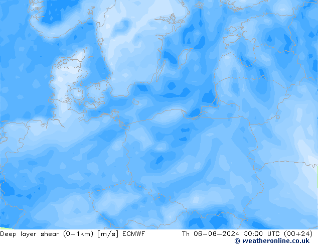 Deep layer shear (0-1km) ECMWF Th 06.06.2024 00 UTC