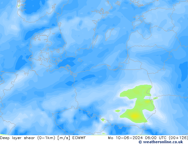 Deep layer shear (0-1km) ECMWF Mo 10.06.2024 06 UTC