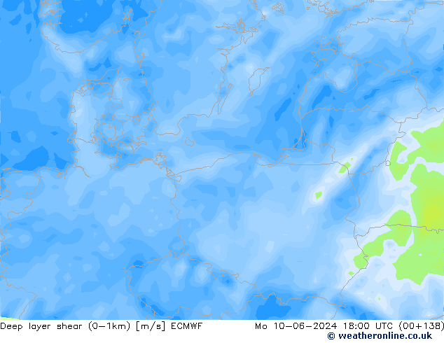 Deep layer shear (0-1km) ECMWF lun 10.06.2024 18 UTC