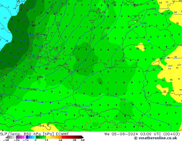 SLP/Temp. 850 hPa ECMWF mer 05.06.2024 03 UTC