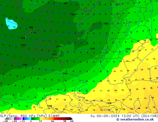 SLP/Temp. 850 hPa ECMWF  09.06.2024 12 UTC