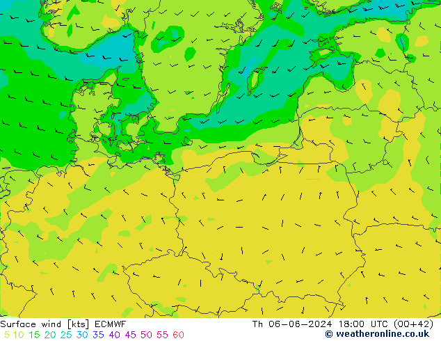 wiatr 10 m ECMWF czw. 06.06.2024 18 UTC