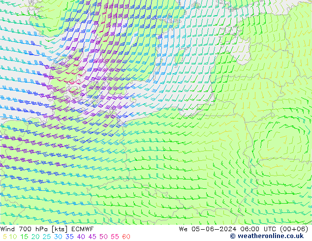 Vento 700 hPa ECMWF Qua 05.06.2024 06 UTC