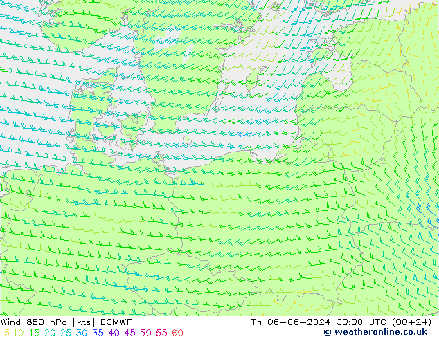 Vento 850 hPa ECMWF gio 06.06.2024 00 UTC