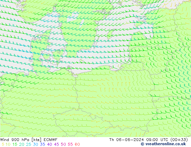 wiatr 900 hPa ECMWF czw. 06.06.2024 09 UTC