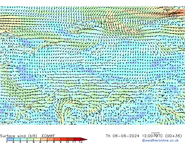 Surface wind (bft) ECMWF Čt 06.06.2024 12 UTC