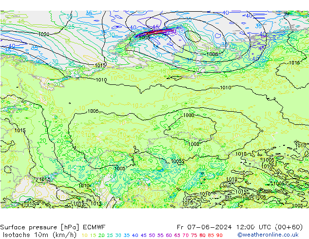 Izotacha (km/godz) ECMWF pt. 07.06.2024 12 UTC