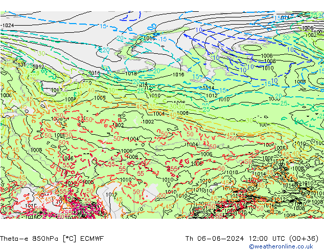 Theta-e 850hPa ECMWF Čt 06.06.2024 12 UTC