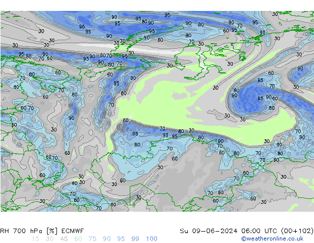 Humedad rel. 700hPa ECMWF dom 09.06.2024 06 UTC